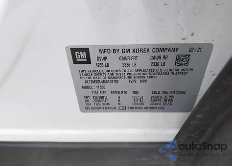 2021 Chevrolet Trailblazer Fwd Activ из США, поврежденный, VIN KL79MVSL4MB168702